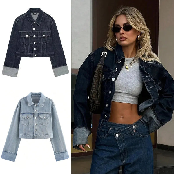 Denim Jacket Single Breasted Lapel Long Sleeve Coat