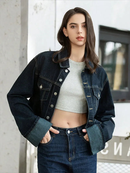 Denim Jacket Single Breasted Lapel Long Sleeve Coat