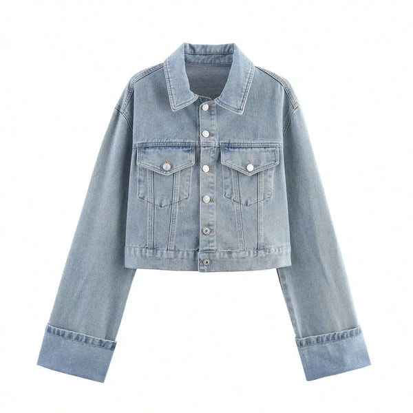 Denim Jacket Single Breasted Lapel Long Sleeve Coat