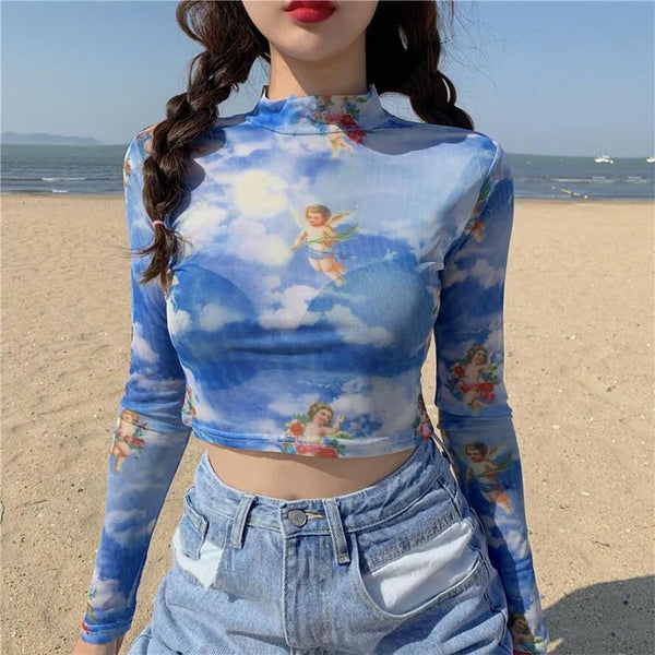 Sexy Women Sheer Mesh Turtleneck Top