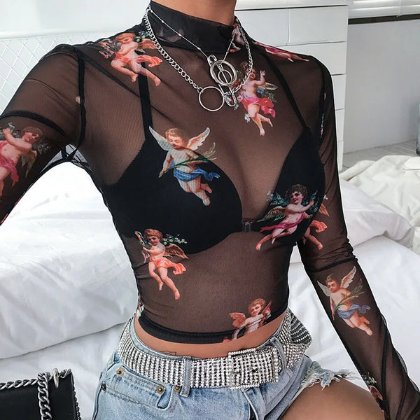 Sexy Women Sheer Mesh Turtleneck Top