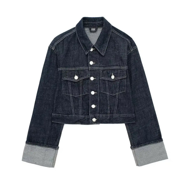 Denim Jacket Single Breasted Lapel Long Sleeve Coat
