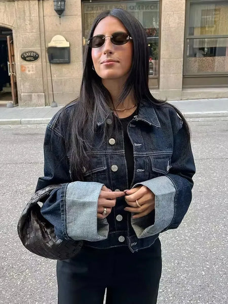 Denim Jacket Single Breasted Lapel Long Sleeve Coat