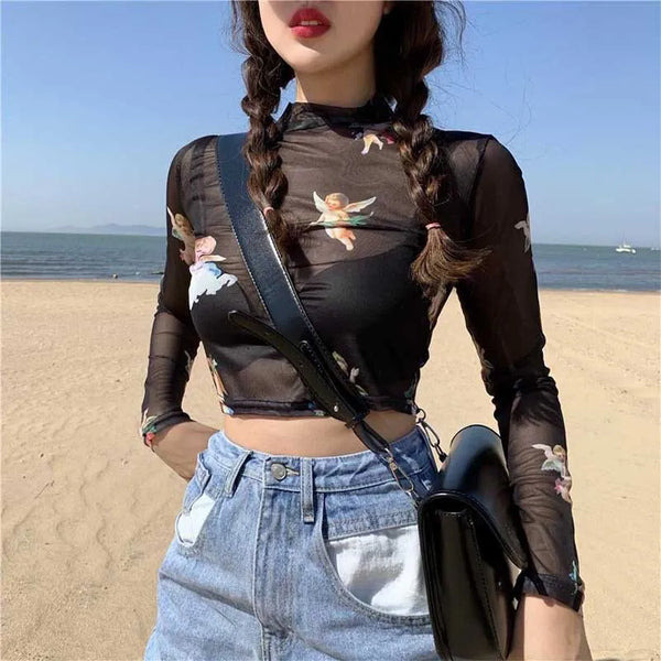 Sexy Women Sheer Mesh Turtleneck Top