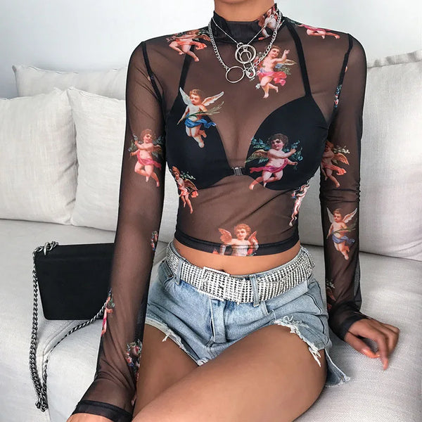 Sexy Women Sheer Mesh Turtleneck Top